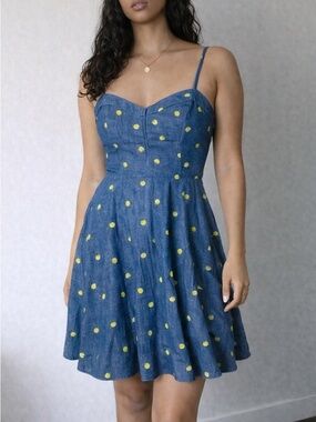 Coquette Denim Lemon Print Fit & Flare Dress Blue Yellow Size S Audrey‎ Parks